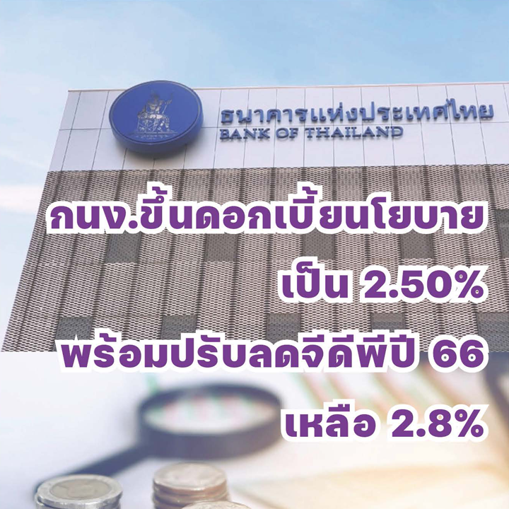 กนง. ขึ้นดอกเบี้ยนโยบายเป็น 2.50% พร้อมปรับลดจีดีพีปี 66 เหลือ 2.8%